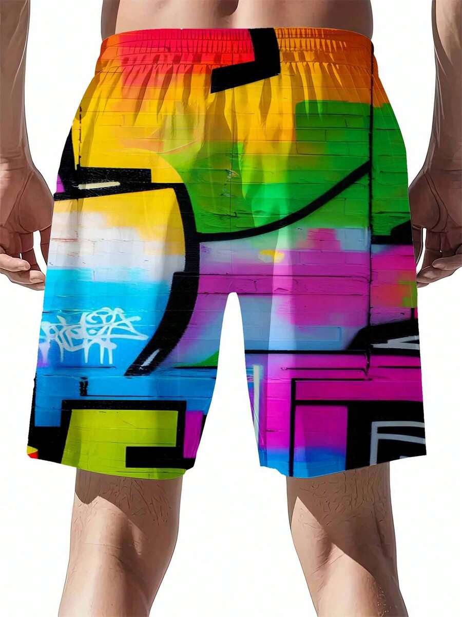 Swim Trunk Quick Dry - Mens Rainbow Graffiti Print Swim Trunks