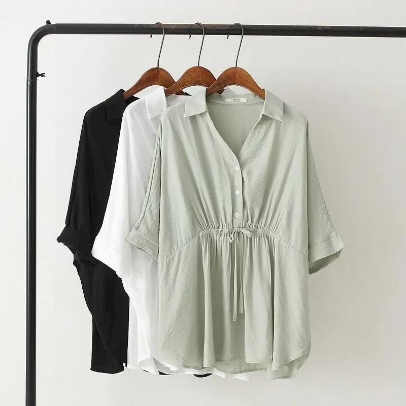 Short Linen Drawstring - Korean Loose Blouses Women Fashion Drawstring