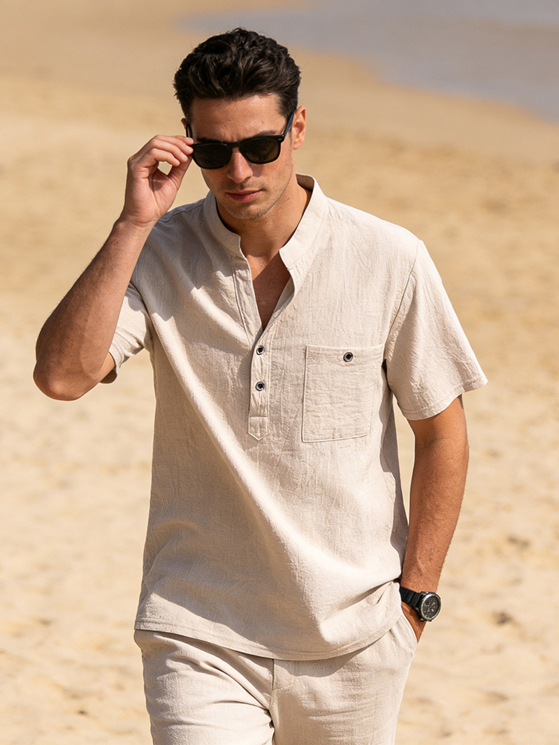 Men's Cotton Linen Henley Shir - Linen Shirt Breathable incelemesi ve fiyatı