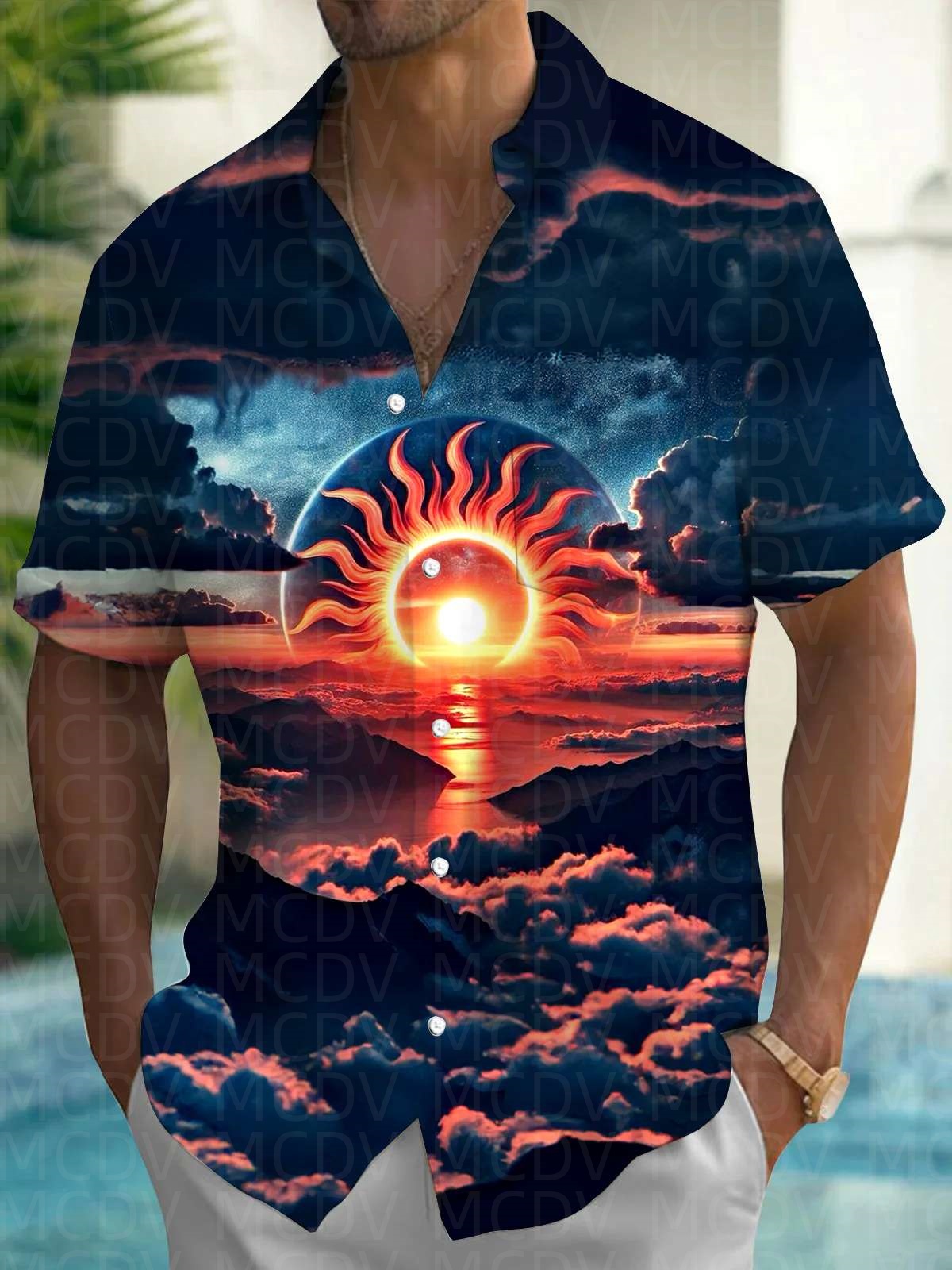 Sun Pattern Style Men's Hawaii - Shirt Camp Collar incelemesi ve fiyatı