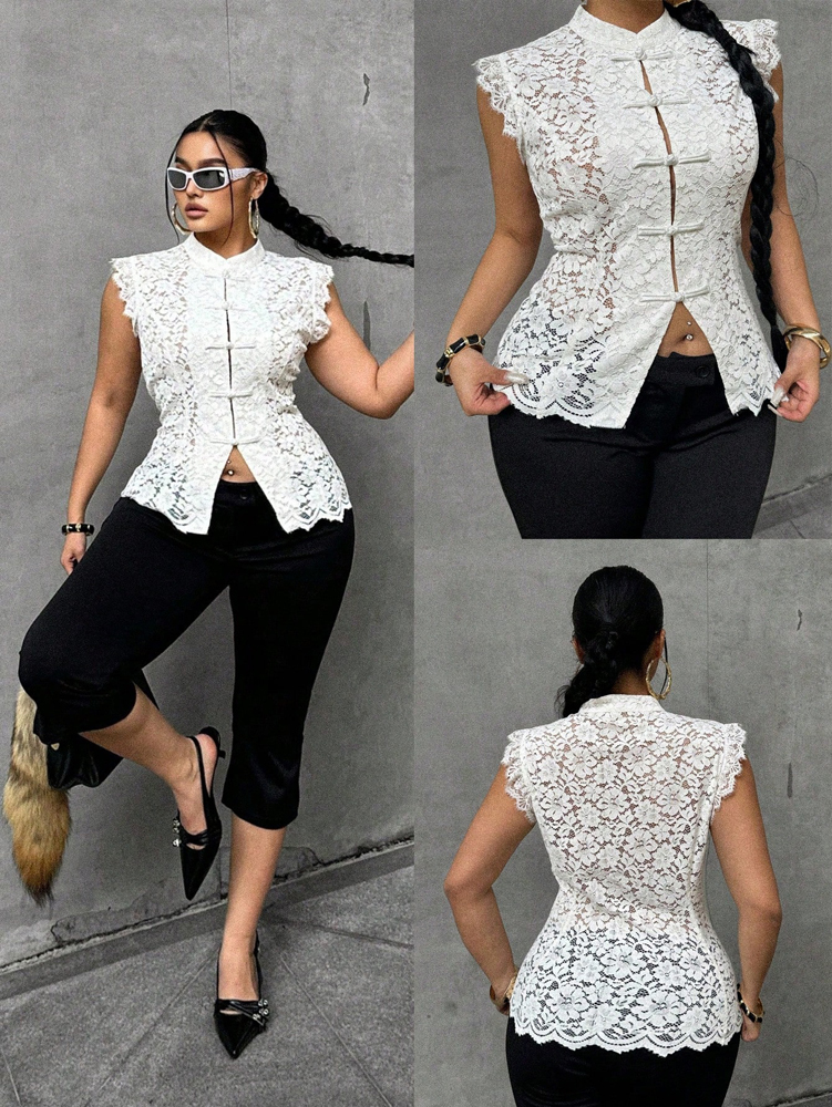 Plus Size Elegant Lace Blouse, - Shirt Camp Collar incelemesi ve fiyatı