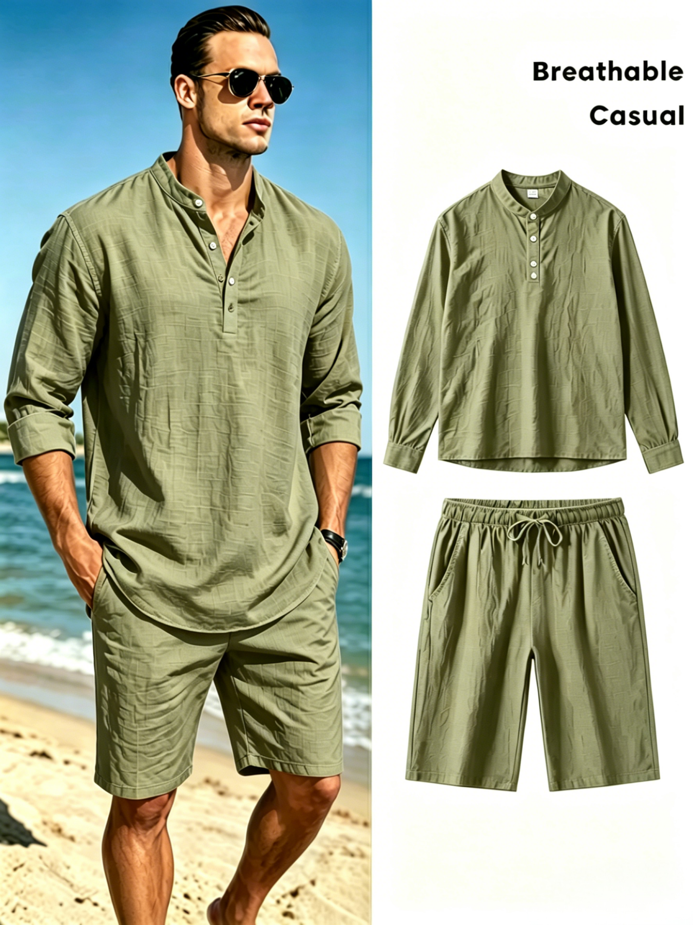 mens cotton linen henley shirt - Short Linen Drawstring incelemesi ve fiyatı