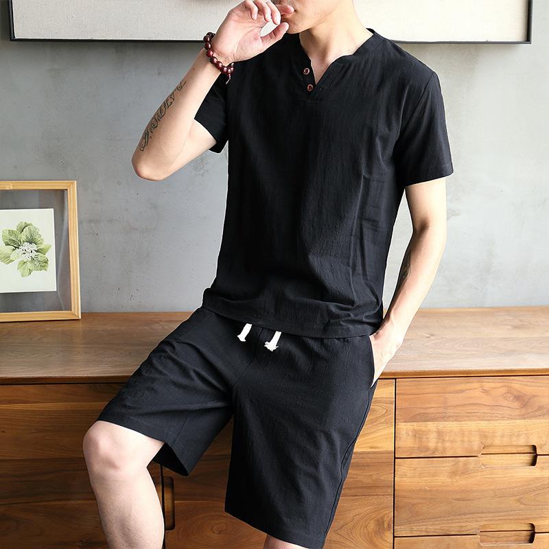 Men's Cotton Linen Set T-shirt - Linen Shirt Breathable incelemesi ve fiyatı