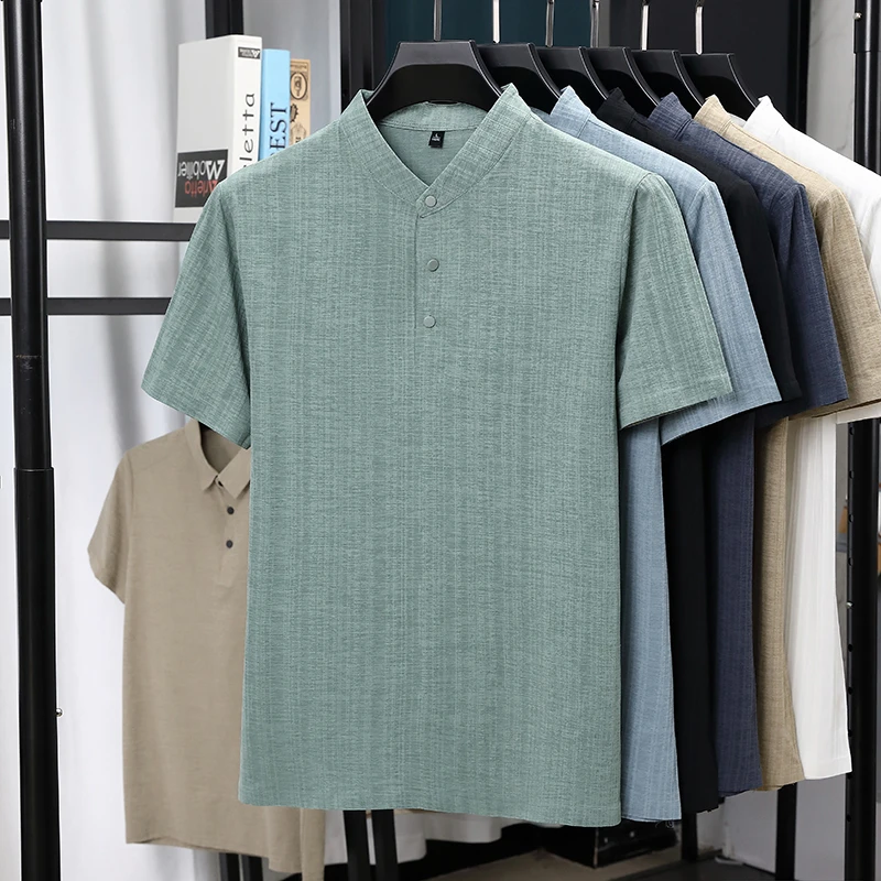 Mens Mandarin Collar Half Plac - Linen Shirt Breathable incelemesi ve fiyatı