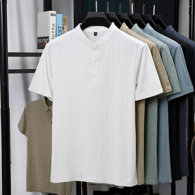 Mens Mandarin Collar Half Plac - Linen Shirt Breathable incelemesi ve fiyatı
