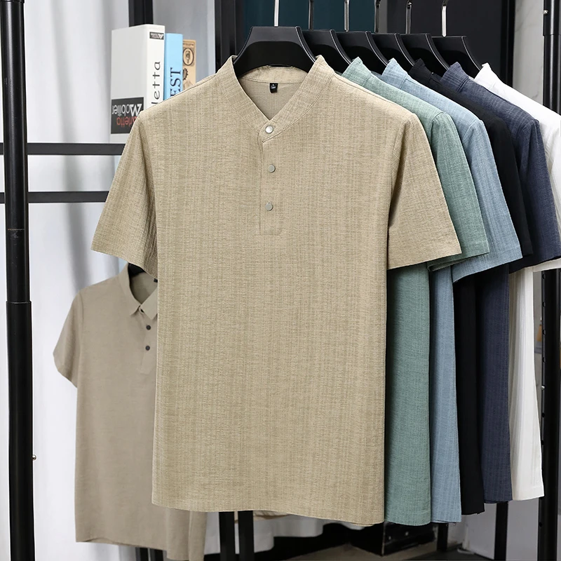 Mens Mandarin Collar Half Plac - Linen Shirt Breathable incelemesi ve fiyatı