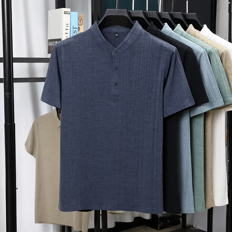 Mens Mandarin Collar Half Plac - Linen Shirt Breathable incelemesi ve fiyatı