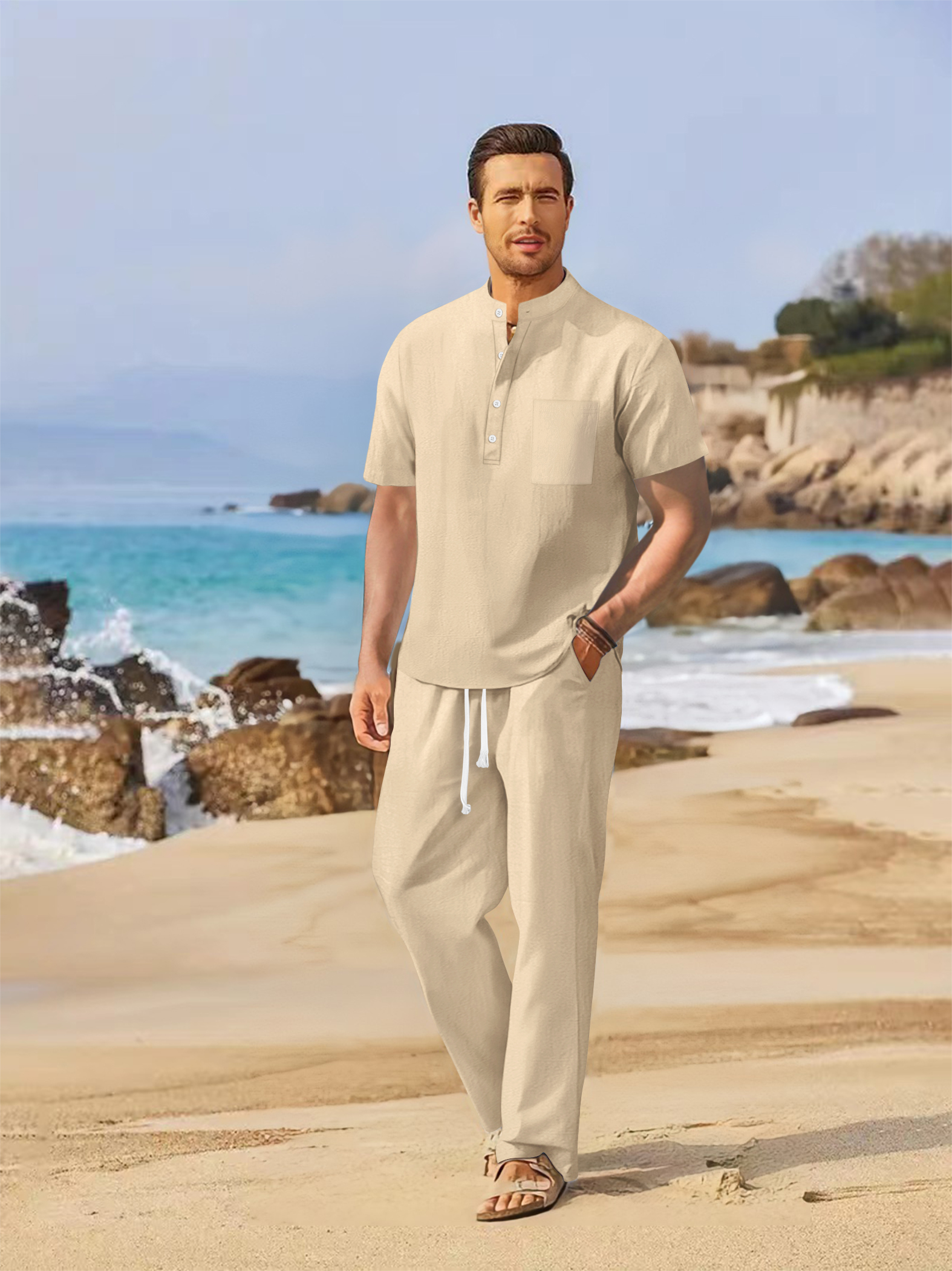 Summer men's cotton and linen  - Short Linen Drawstring incelemesi ve fiyatı