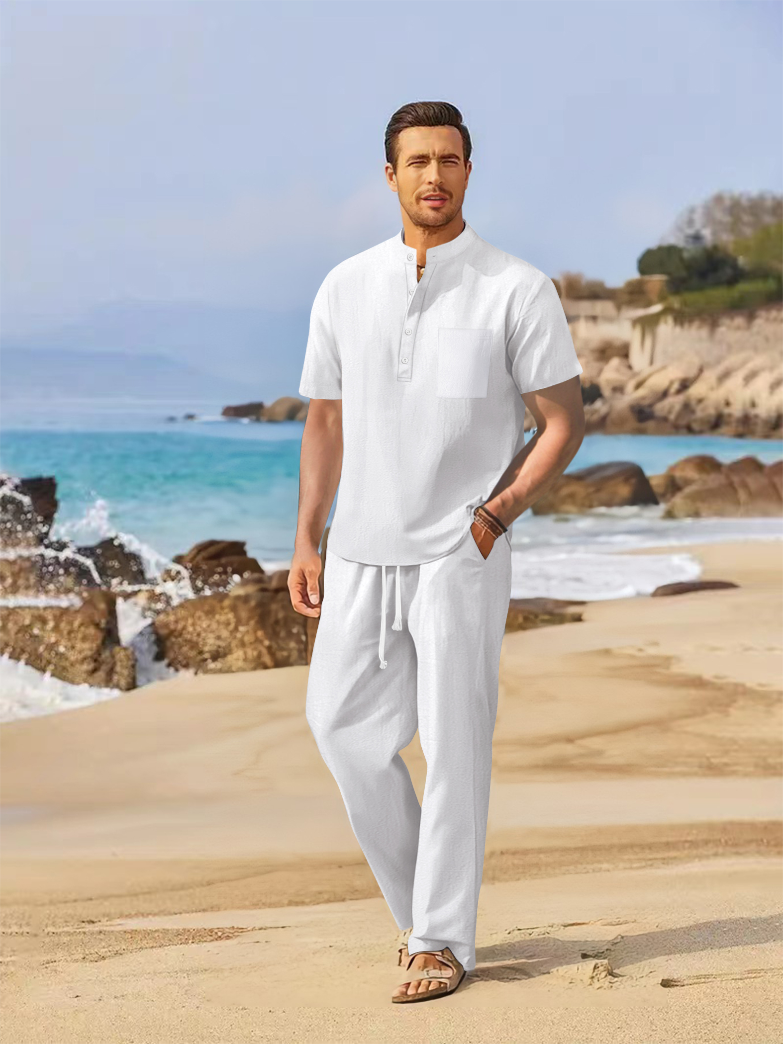 Summer men's cotton and linen  - Short Linen Drawstring incelemesi ve fiyatı