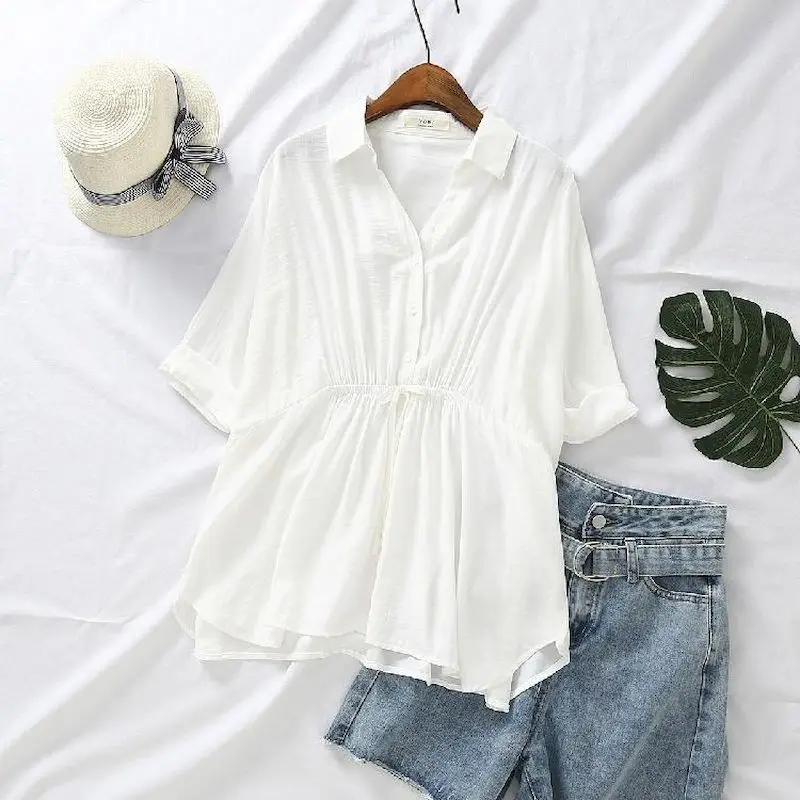 Korean Loose Blouses Women Fas - Short Linen Drawstring incelemesi ve fiyatı